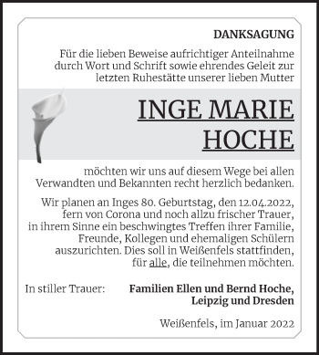 Traueranzeige von Inge Marie Hoche von Trauerkombi Weißenfels