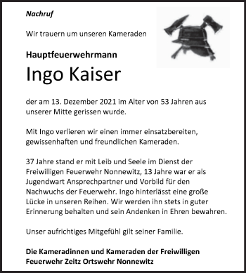 Traueranzeige von Ingo Kaiser von Trauerkombi Zeitz
