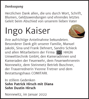 Traueranzeige von Ingo Kaiser von Trauerkombi Zeitz