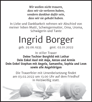Traueranzeige von Ingrid Borger von Trauerkombi Bitterfeld