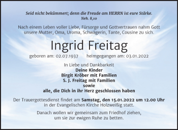Traueranzeige von Ingrid Freitag von Trauerkombi Bitterfeld