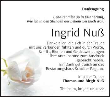 Traueranzeige von Ingrid Nuß von Trauerkombi Bitterfeld