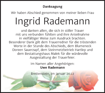 Traueranzeige von Ingrid Rademann von Trauerkombi Sangerhausen