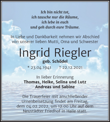 Traueranzeige von Ingrid Riegler von Mitteldeutsche Zeitung Halle/Saalkreis