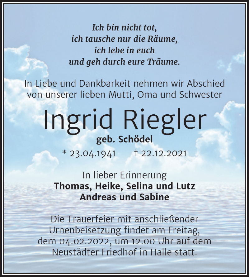  Traueranzeige für Ingrid Riegler vom 22.01.2022 aus Mitteldeutsche Zeitung Halle/Saalkreis