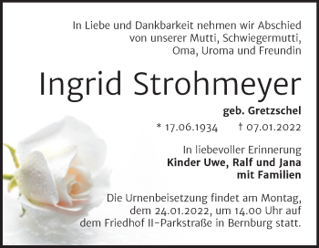 Traueranzeige von Ingrid Strohmeyer von Trauerkombi Bernburg