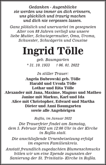 Traueranzeige von Ingrid Tölle von Trauerkombi Sangerhausen