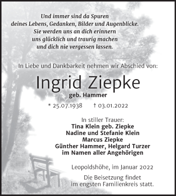 Traueranzeige von Ingrid Ziepke von Trauerkombi Bitterfeld