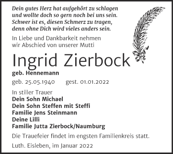 Traueranzeige von Ingrid Zierbock von Trauerkombi Mansfelder Land