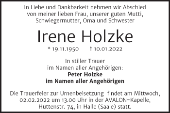 Traueranzeige von Irene Holzke von Mitteldeutsche Zeitung Halle/Saalkreis