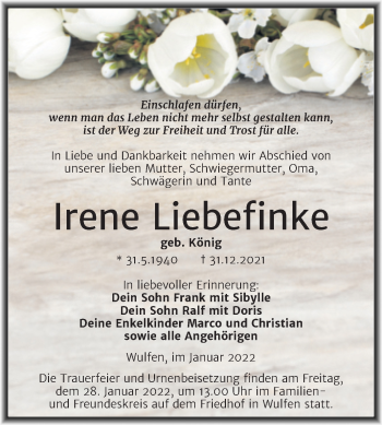 Traueranzeige von Irene Liebefinke von Trauerkombi Köthen