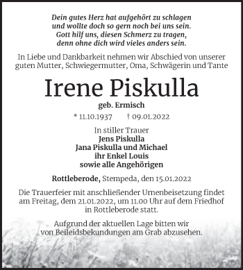 Traueranzeige von Irene Piskulla von Mitteldeutsche Zeitung Sangerhausen