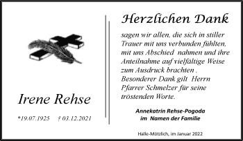Traueranzeige von Irene Rehse von Mitteldeutsche Zeitung Halle/Saalkreis