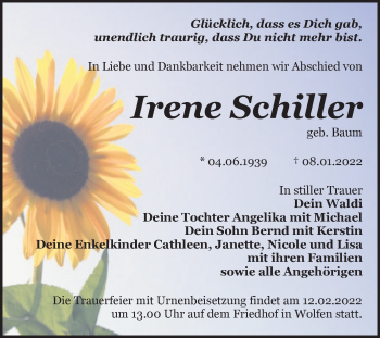Traueranzeige von Irene Schiller von Trauerkombi Bitterfeld