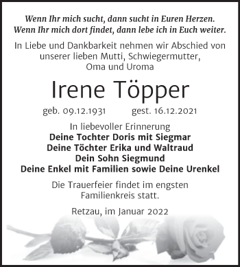 Traueranzeige von Irene Töpper von Trauerkombi Bitterfeld