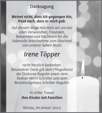 Traueranzeige von Irene Töpper von Trauerkombi Bitterfeld