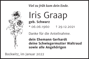 Traueranzeige von Iris Graap von Trauerkombi Zeitz