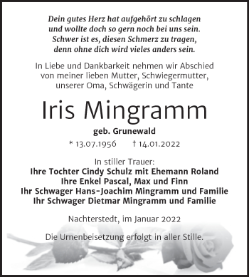 Traueranzeige von Iris Mingramm von Trauerkombi Aschersleben