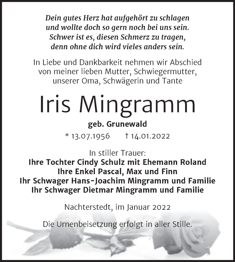  Traueranzeige für Iris Mingramm vom 22.01.2022 aus Trauerkombi Aschersleben