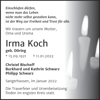 Traueranzeige von Irma Koch von Trauerkombi Sangerhausen
