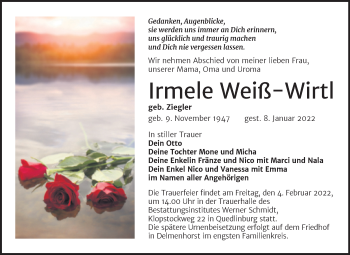 Traueranzeige von Irmele Weiß-Wirtl von Trauerkombi Quedlinburg
