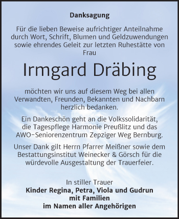Traueranzeige von Irmgard Dräbing von Trauerkombi Bernburg