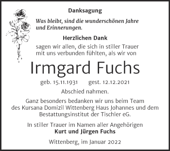 Traueranzeige von Irmgard Fuchs von Trauerkombi Wittenberg