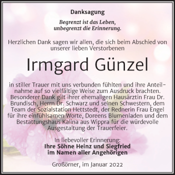 Traueranzeige von Irmgard Günzel von Trauerkombi Mansfelder Land