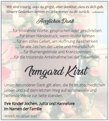 Traueranzeige von Irmgard Kirst von Naumburger Tageblatt