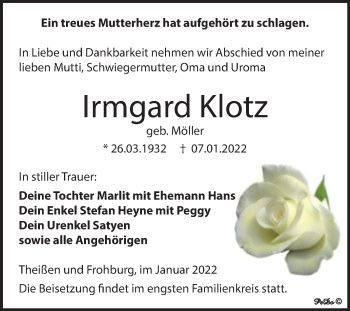 Traueranzeige von Irmgard Klotz von Trauerkombi Zeitz