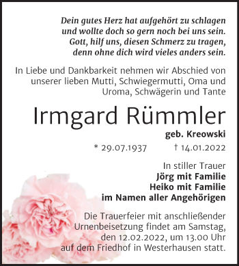 Traueranzeige von Irmgard Rümmler von Trauerkombi Quedlinburg