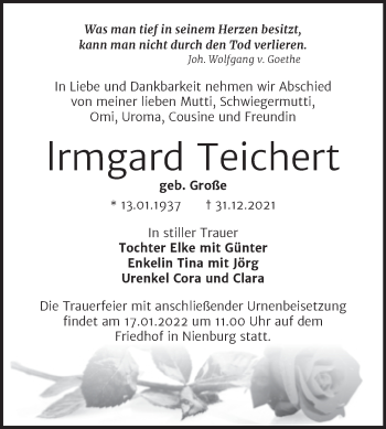 Traueranzeige von Irmgard Teichert von Trauerkombi Bernburg