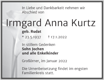 Traueranzeige von Irmgard Anna Kurtz von Trauerkombi Mansfelder Land