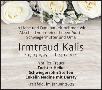Traueranzeige von Irmtraud Kalis von Trauerkombi Mansfelder Land