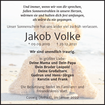 Traueranzeige von Jakob Volke von Trauerkombi Wittenberg
