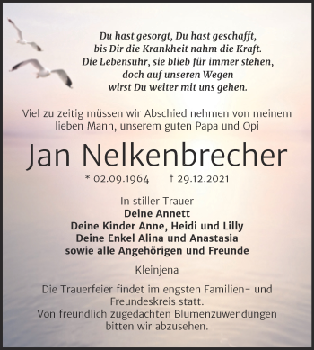 Traueranzeige von Jan Nelkenbrecher von Wochenspiegel Naumburg/Nebra