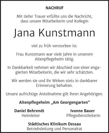 Traueranzeige von Jana Kunstmann von Mitteldeutsche Zeitung Dessau-Roßlau