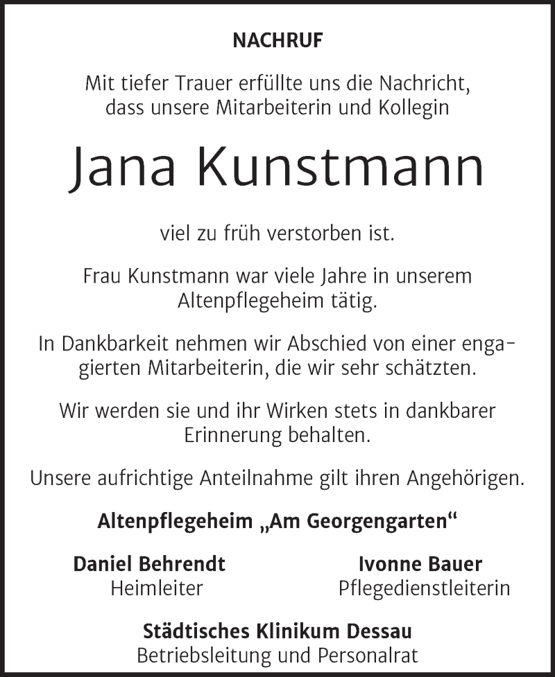  Traueranzeige für Jana Kunstmann vom 22.01.2022 aus Mitteldeutsche Zeitung Dessau-Roßlau