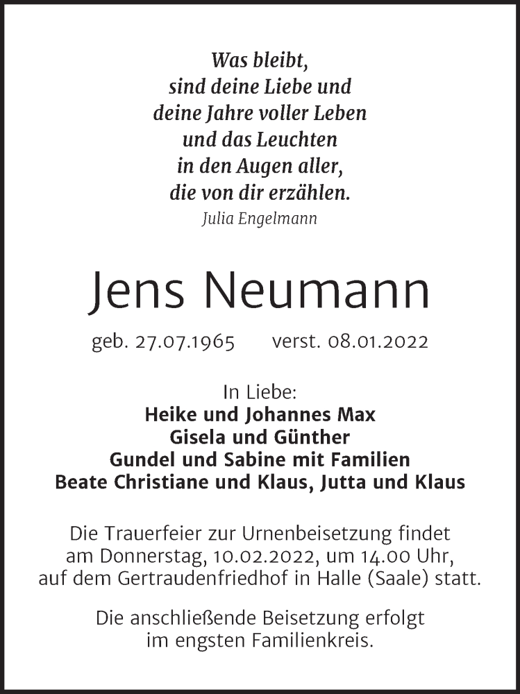  Traueranzeige für Jens Neumann vom 22.01.2022 aus Mitteldeutsche Zeitung Halle/Saalkreis