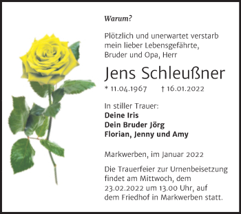 Traueranzeige von Jens Schleußner von Wochenspiegel Naumburg/Nebra