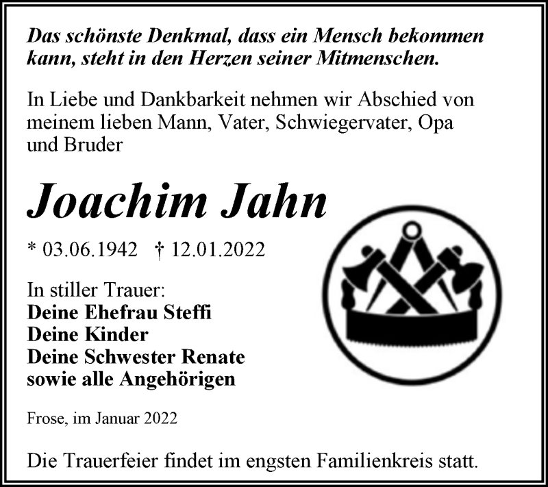  Traueranzeige für Joachim Jahn vom 22.01.2022 aus Trauerkombi Aschersleben