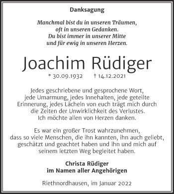 Traueranzeige von Joachim Rüdiger von Trauerkombi Sangerhausen