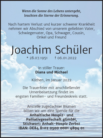 Traueranzeige von Joachim Schüler von Trauerkombi Köthen