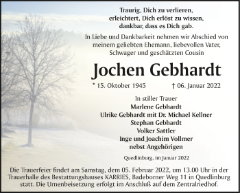 Traueranzeige von Jochen Gebhardt von Trauerkombi Quedlinburg