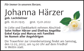 Traueranzeige von Johanna Härzer von Mitteldeutsche Zeitung Halle/Saalkreis