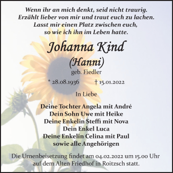 Traueranzeige von Johanna Kind von Trauerkombi Bitterfeld