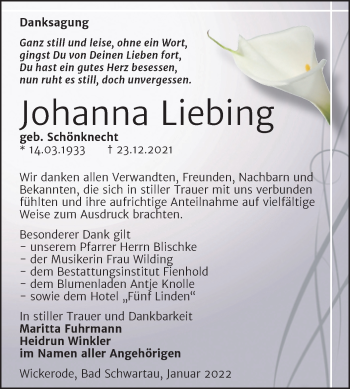 Traueranzeige von Johanna Liebing von Trauerkombi Sangerhausen
