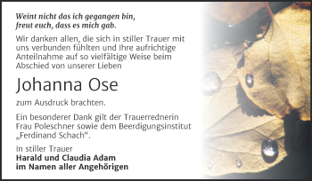 Traueranzeige von Johanna Ose von Trauerkombi Wittenberg