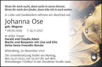 Traueranzeige von Johanna Ose von Trauerkombi Wittenberg