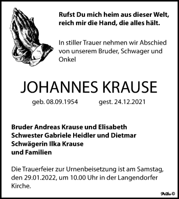 Traueranzeige von Johannes Krause von Trauerkombi Zeitz
